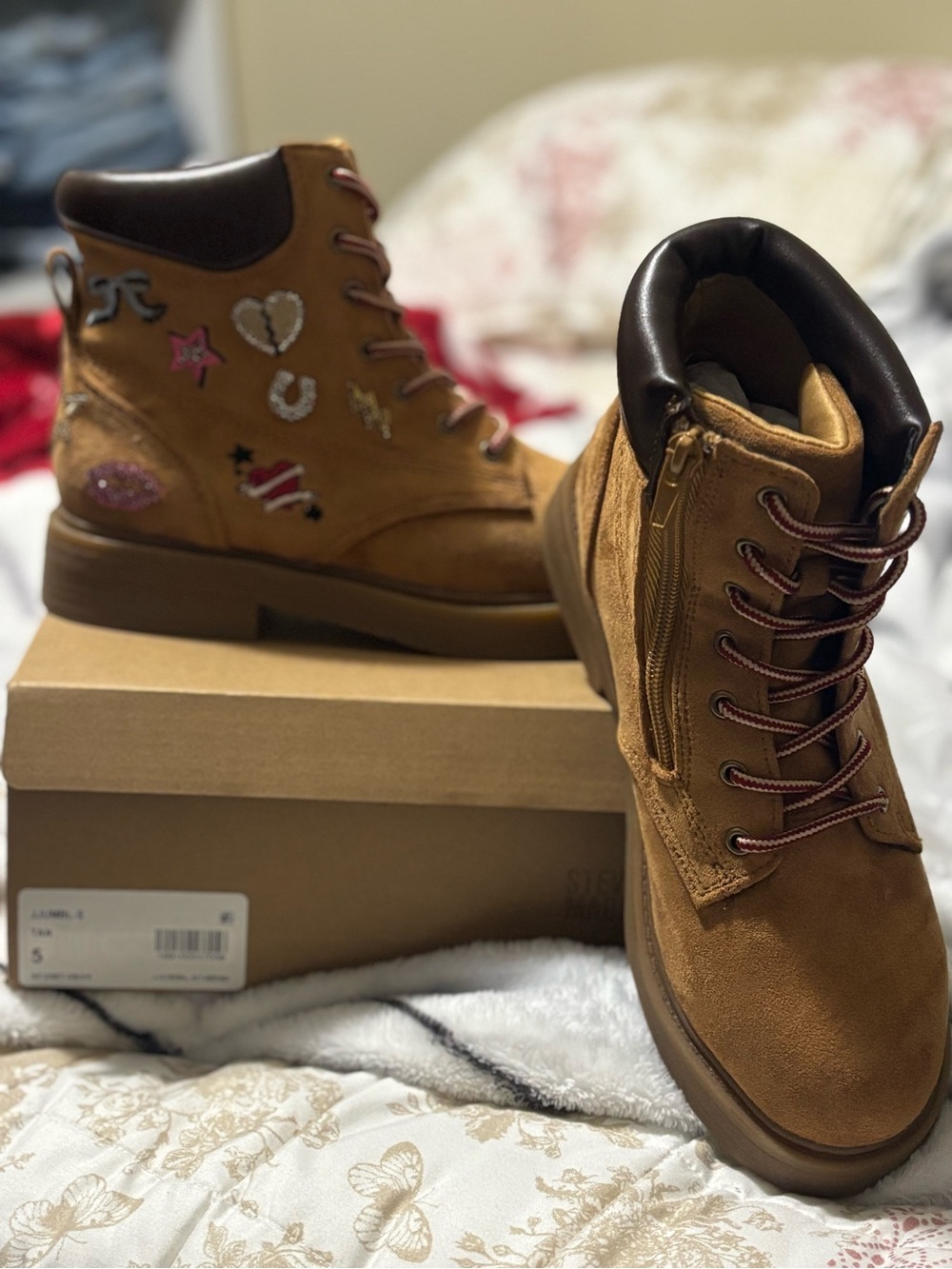Steve Madden Girls Tan Brown Patchwork Lace-Up Boots